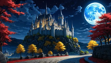 anime aestetics, anime scenery, gigantic blue moon over the castle, capital of ashes, stone roads, tall white stone buildings, b...