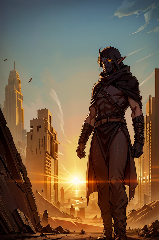 A cloaked elf runner in desert gear, standing atop a crumbling skyscraper, with the wind whipping sand around. The high-tech mask glows faintly as the elf surveys a city buried in dunes, where broken glass and rusted metal structures poke through the sands. The tattered cloak blends into the dusty, sun-scorched environment, creating a haunting silhouette against the desolate horizon.