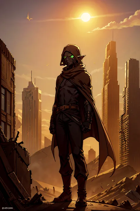 a cloaked elf runner in desert gear, standing atop a crumbling skyscraper, with the wind whipping sand around. the high-tech mas...