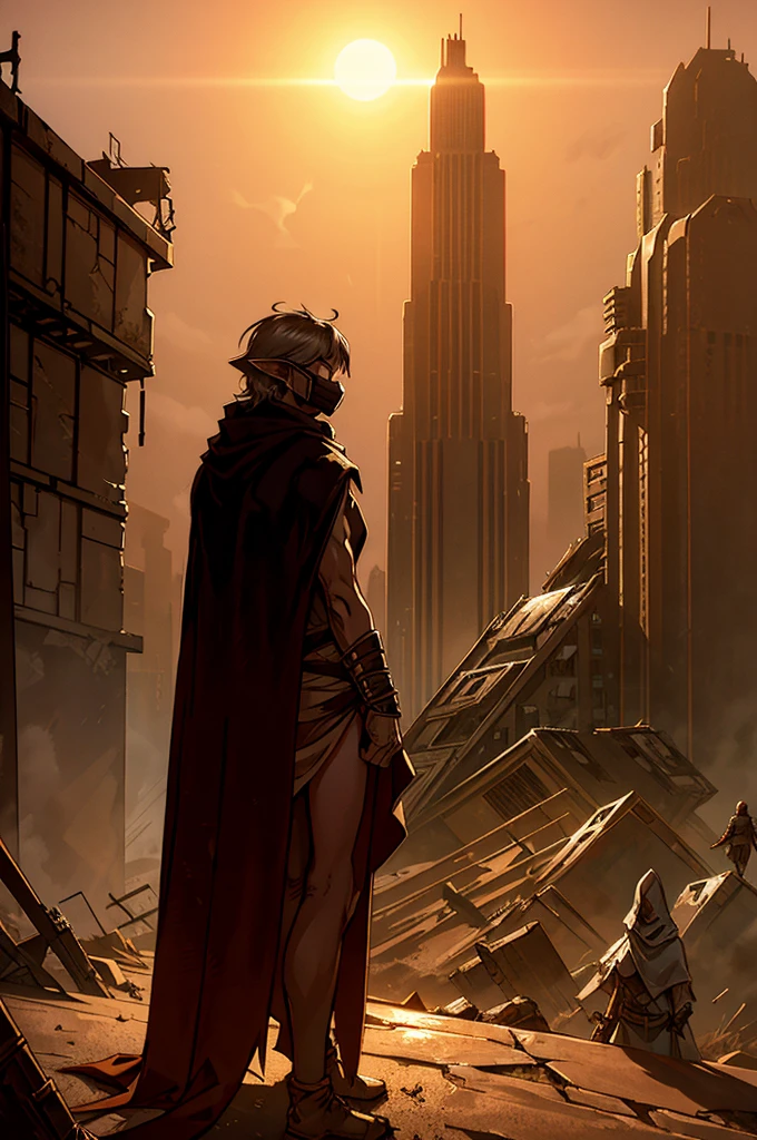 A cloaked elf runner in desert gear, standing atop a crumbling skyscraper, with the wind whipping sand around. The high-tech mask glows faintly as the elf surveys a city buried in dunes, where broken glass and rusted metal structures poke through the sands. The tattered cloak blends into the dusty, sun-scorched environment, creating a haunting silhouette against the desolate horizon.