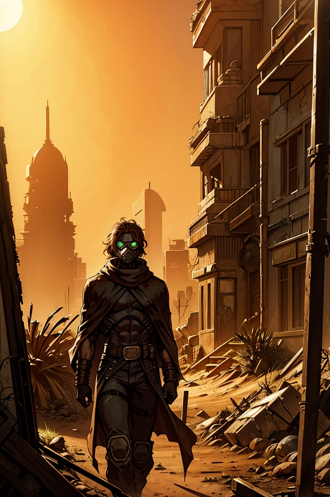 A human runner draped in a camouflaged cloak, their breathing mask glowing faintly as they navigate a sun-bleached wasteland. The runner stands next to a rusted, half-buried vehicle, its broken windows and corroded metal giving way to the relentless desert sands. The ruins of a once-thriving city stretch out in the background, half-swallowed by the encroaching dunes.