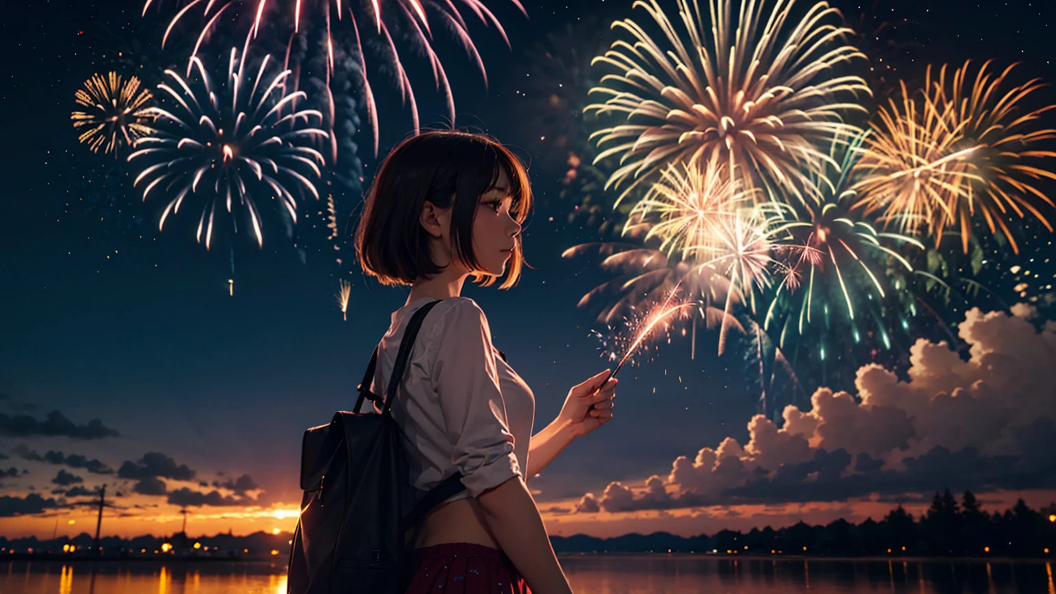 Fuegos artificiales y una mujer