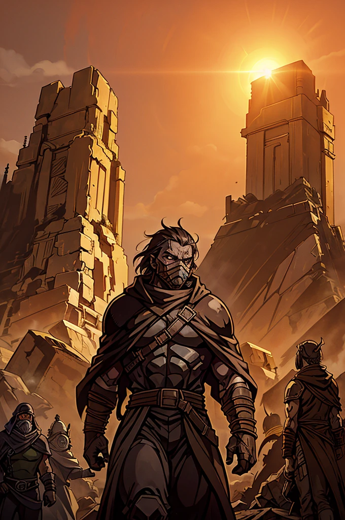 A dwarf runner in heavy desert attire, with a reinforced cloak and a complex breathing apparatus that filters the dusty air. The dwarf surveys a barren, post-apocalyptic landscape from a shattered city wall, where the remains of ancient machinery and fallen towers lie in twisted heaps, slowly being reclaimed by the desert. The sun hangs low, casting long shadows over the desolate ruins.