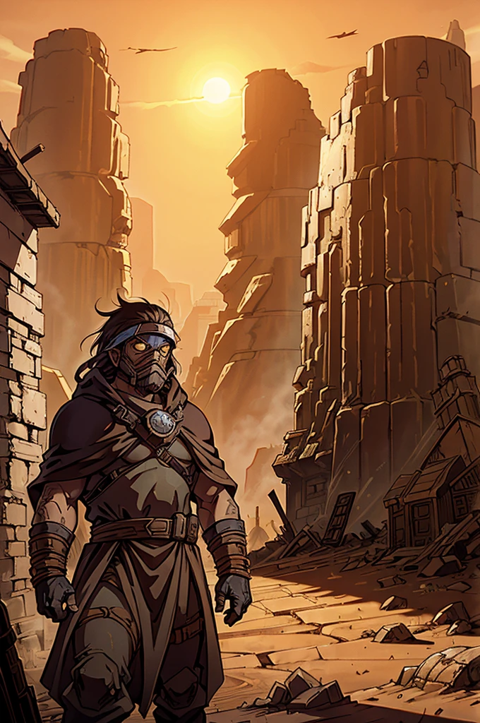 A dwarf runner in heavy desert attire, with a reinforced cloak and a complex breathing apparatus that filters the dusty air. The dwarf surveys a barren, post-apocalyptic landscape from a shattered city wall, where the remains of ancient machinery and fallen towers lie in twisted heaps, slowly being reclaimed by the desert. The sun hangs low, casting long shadows over the desolate ruins.