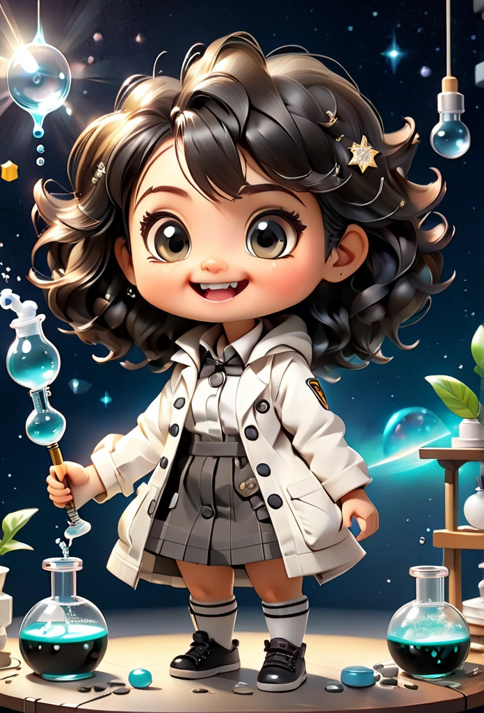 (((Chibi Baby UHD)))Chemistry permaneça com suas carateristícas originais (seus olhos sao cor de mel ) (chibi nao usa brincos)MASCOT and , atoms, Molecules ,Has black hair , Blind box style and model with popular market style, The sunlight shines, , hyper qualit, sharp features, Ultra HD and 8K resolution,Cool Hand Drawn Illustration，fly away (Inside out disgusting), Create a series of best quality cute chibi dolls,ultra details,realisitic,Science Laboratory,Chemical experiment,ultra HD, chemical equipment,scientists working,cups,UHD Bunsen Burner ,Microscope,laboratory glassware,measuring cylinders,labcoats,Round nerd glasses ,science books,Periodic table,scientific research,discoveries,new inventions,innovation,aprendizagem,education,Scientific culture wears coat with details of buttons and brooches , her coat is charming and cute with ultra chemical details ,Curiosidade,Technological advancements,swirly vibrant colors,soft lighting,modern laboratory,nerdy atmosphere,laboratory instruments,hypothesis testing,Scientific method,symbolic representation,Critical thinking,experiments ,precision,precision,Intricate details,impressive scientific setup,natural elements,exploration of the mysteries of science,unlocking the secrets of nature. Baby chibi is happy and excited, remember to use chemical laboratory glassware, The chalkboard behind the cute chibi baby is written the structure of caffeine in white chalk 18K UHDBlack hair, very long hair, American propaganda poster, shine light, 3D rendering, Riso, 