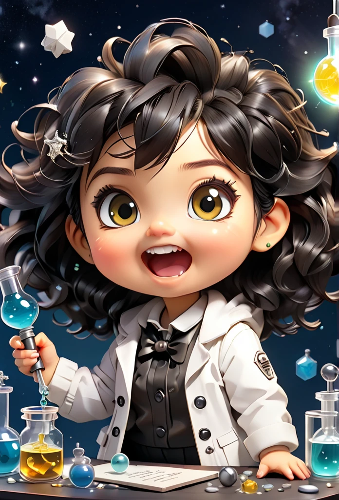 (((Chibi Baby UHD)))Chemistry permaneça com suas carateristícas originais (seus olhos sao cor de mel ) (chibi nao usa brincos)MASCOT and , atoms, Molecules ,Has black hair , Blind box style and model with popular market style, The sunlight shines, , hyper qualit, sharp features, Ultra HD and 8K resolution,Cool Hand Drawn Illustration，fly away (Inside out disgusting), Create a series of best quality cute chibi dolls,ultra details,realisitic,Science Laboratory,Chemical experiment,ultra HD, chemical equipment,scientists working,cups,UHD Bunsen Burner ,Microscope,laboratory glassware,measuring cylinders,labcoats,Round nerd glasses ,science books,Periodic table,scientific research,discoveries,new inventions,innovation,aprendizagem,education,Scientific culture wears coat with details of buttons and brooches , her coat is charming and cute with ultra chemical details ,Curiosidade,Technological advancements,swirly vibrant colors,soft lighting,modern laboratory,nerdy atmosphere,laboratory instruments,hypothesis testing,Scientific method,symbolic representation,Critical thinking,experiments ,precision,precision,Intricate details,impressive scientific setup,natural elements,exploration of the mysteries of science,unlocking the secrets of nature. Baby chibi is happy and excited, remember to use chemical laboratory glassware, The chalkboard behind the cute chibi baby is written the structure of caffeine in white chalk 18K UHDBlack hair, very long hair, American propaganda poster, shine light, 3D rendering, Riso, 