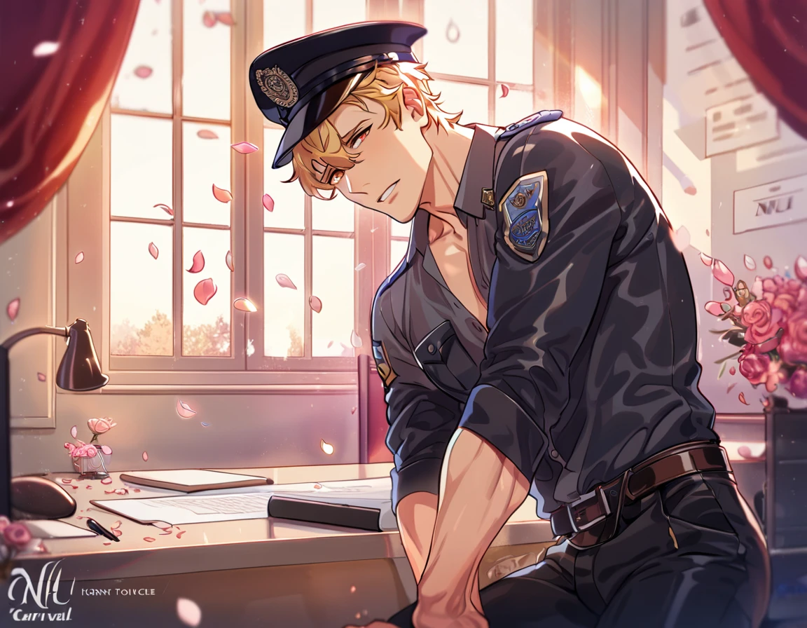 absurdres, highres, ultra detailed, HDR, master piece, best quality, Quincy, blonde hair, expressive amber eyes, Nu Carnival, solo, sexy man, handsome, horny, lewd, black police officer clothes, unbuttoned shirt, black hat, fantasy, police station, window, petals, flowers, room, red curtains