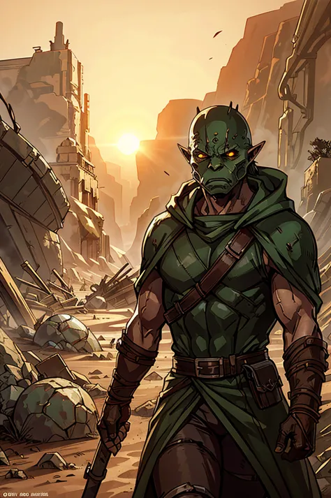 a waist-up shot of a green orc runner dressed in rugged, desert-tinted armor and a patched, hooded mantle. the orc’s face is hid...