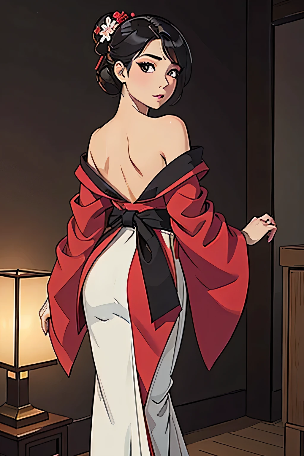 Sexy Rücken, Attraktive Frau im traditionellen japanischen Kimono, allein, Trägerloses, off-shoulder Kimono, Dunkelbraunes schwarzes Haar, Detaillierte und realistische Hautstruktur, Kontrastreiche, attraktive Hauttöne, Bezauberndes, sanftes Make-up, BREAK Luxus japanischer Kimono, Detaillierte Seidentextur, Silk luster, Fein und geschmeidig, leuchtende Farben, Hautspannung, die das Dekolleté betont, BREAK Wunderschöne Muster auf Kimonos, Detaillierte und komplizierte Farbgebung, Ästhetisch hoher Kontrast, gesunde Haut, BREAK Eine mutige Komposition, die den Betrachter verführt, Absurde Ästhetik, BREAK Ganzkörperaufnahme, 