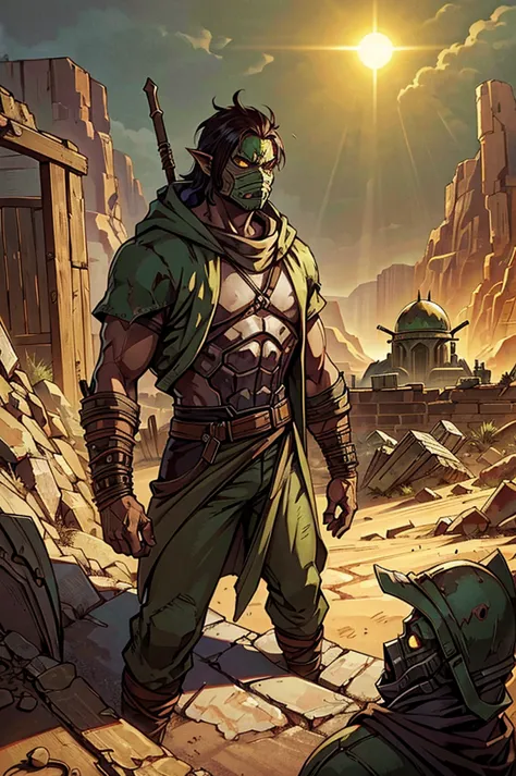 a waist-up shot of a green orc runner dressed in rugged, desert-tinted armor and a patched, hooded mantle. the orc’s face is hid...