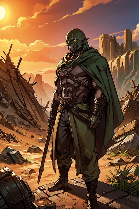 a waist-up shot of a green orc runner dressed in rugged, desert-tinted armor and a patched, hooded mantle. the orc’s face is hid...