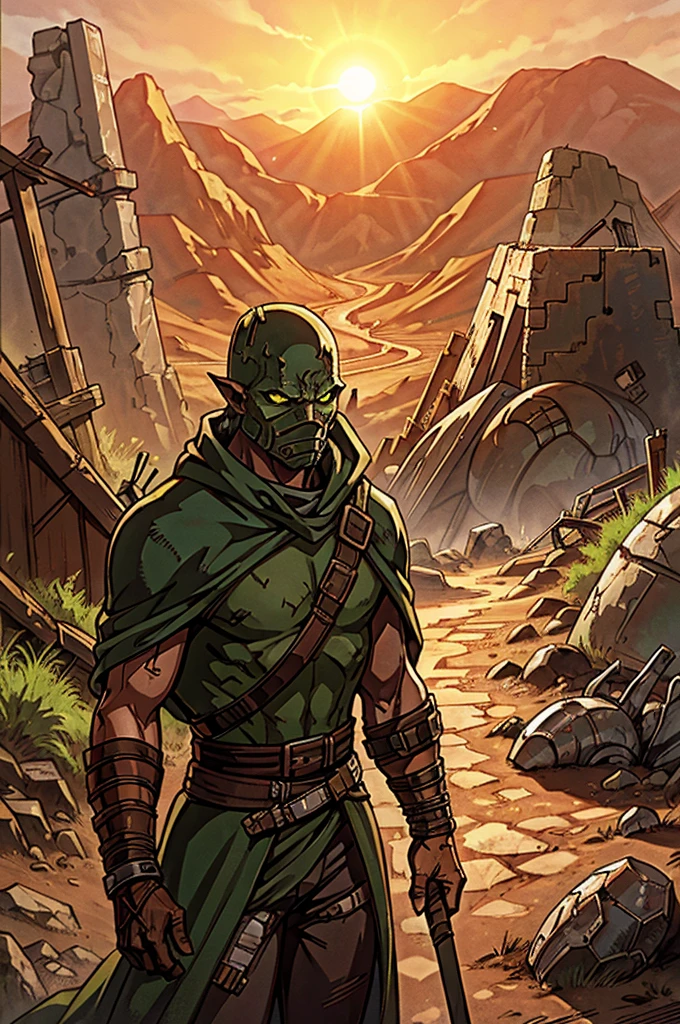 A waist-up shot of a green orc runner dressed in rugged, desert-tinted armor and a patched, hooded mantle. The orc’s face is hidden behind a heavy, reinforced mask designed to filter the harsh desert air. Their cloak is frayed and stained with dust, blending with the desolate, sun-baked landscape. The background shows the remnants of a crumbling wall, partially buried in sand, with ancient, rusted machinery in the distance.