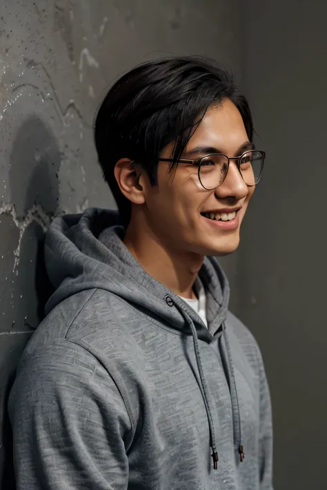 A boy with black hair and dark brown eyes,gray wall background, wearing glasses,Blue hoodie, headphones hanging around his neck, Asian, handsome,ivory skin.laughing, smiling, sixteen.