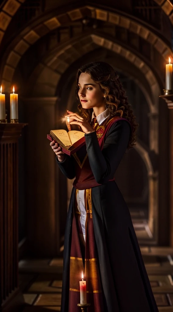 Gryffindor witch holding a grimoire in the halls of Hogwarts. realisitic, linda, beauty, mantea, shadowed, candle lights, noturmo, 