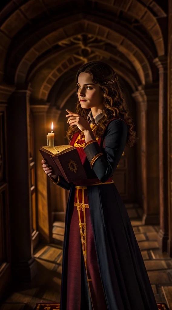 Gryffindor witch holding a grimoire in the halls of Hogwarts. realisitic, linda, beauty, mantea, shadowed, candle lights, noturmo, 