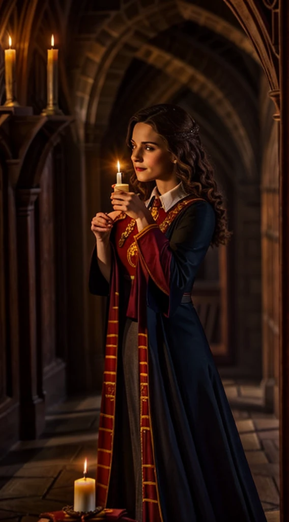 Gryffindor witch holding a grimoire in the halls of Hogwarts. realisitic, linda, beauty, mantea, shadowed, candle lights, noturmo, 