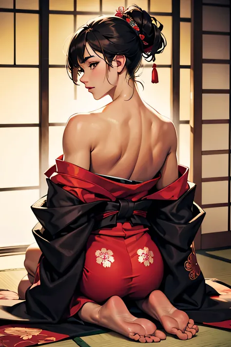 sexy back, attractive woman in traditional japanese kimono, alone, strapless off-shoulder kimono, dark brownish black hair, deta...