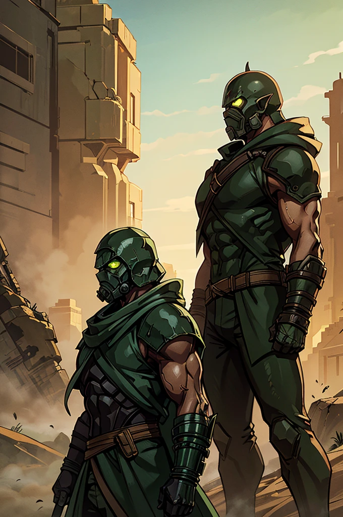 A profile view of a green orc runner, with a deep green skin tone contrasting against their desert-worn gear. The orc is wearing a hooded desert cloak, with armor plates strapped over their chest and shoulders. A bulky, tech-enhanced mask obscures their face, glowing faintly in the dim light. The backdrop reveals a landscape of twisted metal beams and collapsed buildings, half-swallowed by shifting sands.