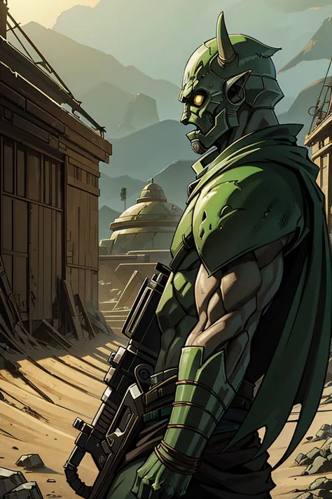 a profile view of a green orc runner, with a deep green skin tone contrasting against their desert-worn gear. the orc is wearing...