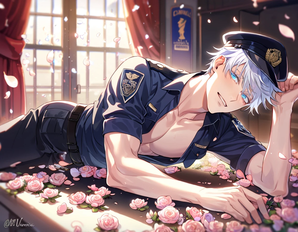 absurdres, highres, ultra detailed, HDR, master piece, best quality, Gojou Satoru, white hair, expressive blue eyes, white eyelashes, Jujutsu Kaisen, solo, sexy man, handsome, horny, lewd, black police officer clothes, unbuttoned shirt, black hat, fantasy, police station, window, petals, flowers, room, red curtains, Nu Carnival