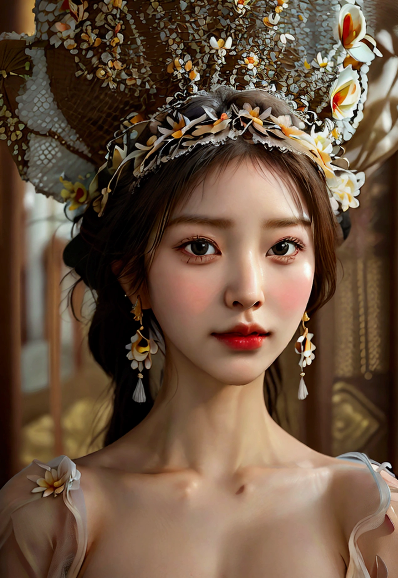 Highest quality, Masterpiece, high resolutionเป็นพิเศษ, (realistic: 1.4) 1 girl, beautiful_face, Fine skin, full body, decorations, alone, palace, queen, earring, (Tuesday: 1.3), Blurry, realistic, lips, สไตล์Dunhuang, (tangled: 1.2), (flower: 1.4), big breasts, The navel is exposed, , ahe-face, painful expression, enjoy, big, armpit, M shaped legs, open legs, camel toe, Barefoot, Barefoot, Barefoot, Highest quality, Masterpiece, Highly detailed, high resolution, 8ก, complicated details, realistic, realistic, incredible light, Partially hidden 1 girl, Dunhuang_clothes, Dunhuang_set, clothes, (see through: 1.3), Through a thin curtain, glance at chest, Create an attractive and suggestive effect., Lets you see her skin and breast shape.