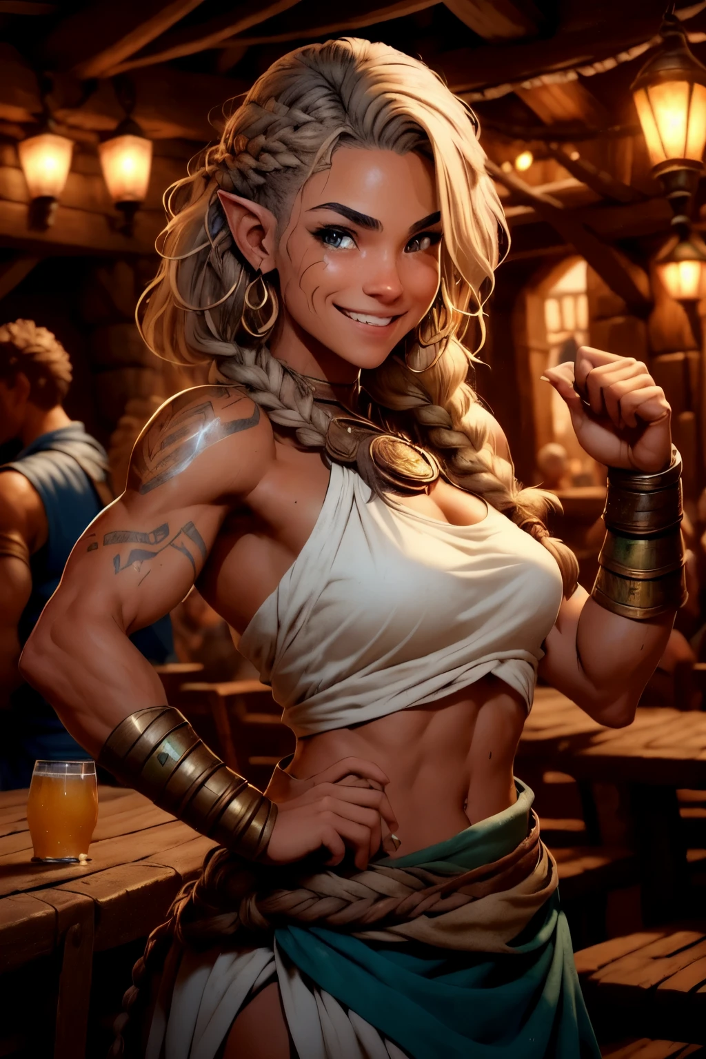 Echo, a 22-year-old half-elf, has caramel skin with a golden glow, thick light chestnut hair with soft waves, and brown eyes with green hues. Her face is oval with soft features and pronounced cheekbones, adding harmony. She has full, attractive lips with a natural blush. Her beauty radiates strength and confidence, and a slight scar over her right eyebrow adds a warrior's touch. Her ears are small, like a human's, but pointed like an elf's. Her physique is athletic, toned, slim, and flexible, with rounded, firm curves. She wears very short, tight leather shorts that show off her toned legs and don't hide her toned butt. Her blue silk shirt is sheer and slightly buttoned, revealing her cleavage and midriff. She doesn't wear underwear. The sheer shirt hugs her erect nipples. And her shorts dug into her crotch. Echo sits in a medieval fantasy tavern and holds a wooden mug of beer in her hands. She is funny and intriguing, animatedly telling the story with a big smile on her face. Her pose is relaxed, her legs are spread wide apart, her free hand is gesticulating expressively. The tavern is filled with the warm light of lanterns, wooden tables and benches. Other patrons in the background are dressed in medieval fantasy attire, enjoying drinks and conversation. Echo's light brown hair is worn in a loose braid and cascades over her shoulder as she interacts with her audience, her eyes sparkling with mischief and joy.