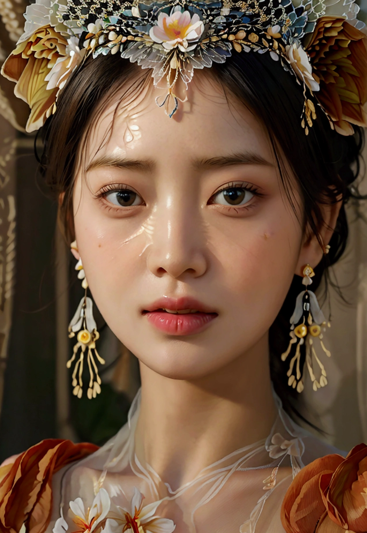 Highest quality, Masterpiece, high resolutionเป็นพิเศษ, (realistic: 1.4) 1 girl, beautiful_face, Fine skin, full body, decorations, alone, palace, queen, earring, (Tuesday: 1.3), Blurry, realistic, lips, สไตล์Dunhuang, (tangled: 1.2), (flower: 1.4), big breasts, The navel is exposed, , ahe-face, painful expression, enjoy, big, armpit, M shaped legs, open legs, camel toe, Barefoot, Barefoot, Barefoot, Highest quality, Masterpiece, Highly detailed, high resolution, 8ก, complicated details, realistic, realistic, incredible light, Partially hidden 1 girl, Dunhuang_clothes, Dunhuang_set, clothes, (see through: 1.3), Through a thin curtain, glance at chest, Create an attractive and suggestive effect., Lets you see her skin and breast shape.