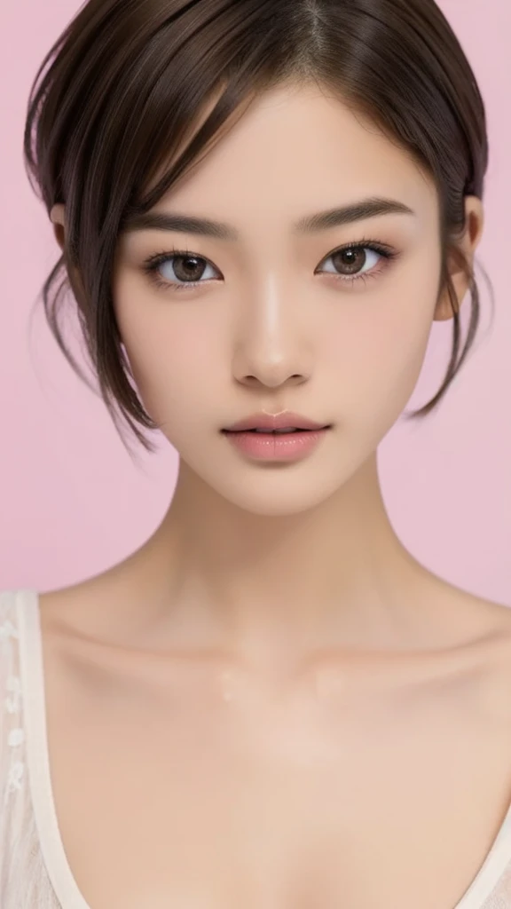 (NSFW), beautiful girl, brown eyes, ((beautiful slim teenage girl 18 year old, short hair color [Brown highlights hair], [undercut pixie] hair)), ((big tits)), lips, realistic, ((skinny body)), charming, pink lipstick, colorful makeup, long eyelashes, wearing eyeliner, fair skin, (cute), (detailed face), detailed eyes, detailed iris, complete naked, complete closed mouth, full body, 