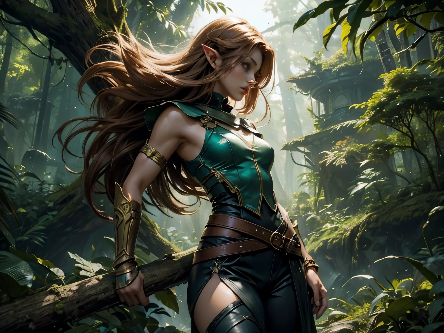 Echo, a 22-year-old half-elf. She has caramel skin with a golden glow, thick light chestnut hair with soft waves, and brown eyes with green hues. Her face is oval with soft features and pronounced cheekbones, adding harmony. She has full, attractive lips with a natural blush. Her beauty radiates strength and confidence, and a slight scar over her right eyebrow adds a warrior's touch. Her ears are small, like a human's, but pointed like an elf's. Her physique is athletic, toned, slim, and flexible, with rounded, firm curves. She wears leather bracers on both wrists, with a decoration in the shape of a translucent white orchid made of precious stones in the left bracer. Echo sits on a branch of a large tree, observing the area. The camera is shot from the side, showing her profile. Her legs dangle from the branch, one hand holding her bow, the other resting on the branch. Her light chestnut hair is braided, hanging down her back. She wears a dark leather vest and dark turquoise pants that highlight her figure. Throwing knives are attached to her right thigh. Her eyes scan the area, ready for any danger. In the background, a dense forest is visible with sunlight filtering through the leaves.