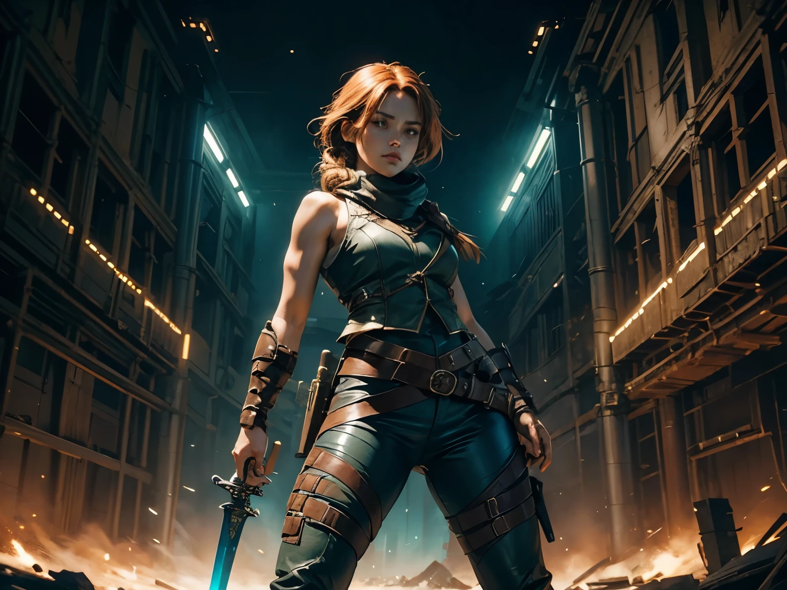 Echo stands in a combat-ready position, fully visible from the front. Her legs are spread shoulder-width apart, one hand on the hilt of her sword, the other on her belt, ready to draw a throwing knife. Her light chestnut hair is braided, draped over her shoulder. She wears a dark leather vest that highlights her athletic build and dark turquoise pants that tightly hug her toned buttocks and thighs. Throwing knives are attached to her right thigh. Her face is full of determination and confidence, her brown eyes with green hues focused on the enemy in front of her. The camera is shot at eye level to show her entire figure and facial expression. 