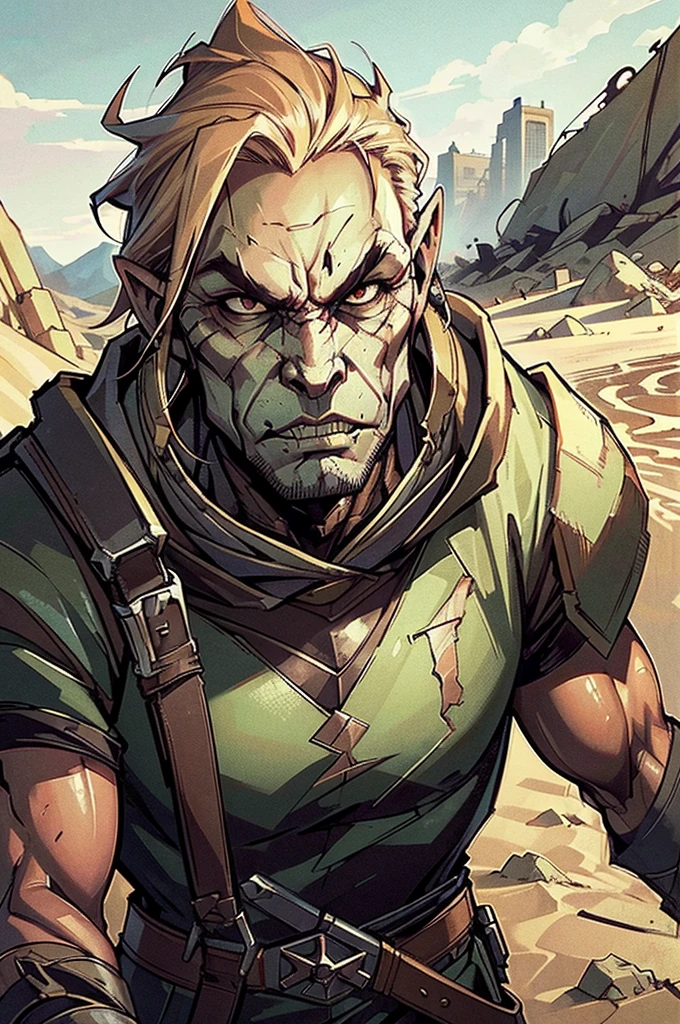 A close-up of an orc runner from the waist up, dressed in a torn, desert-hued cloak over a sleek, modern cyberpunk outfit. The orc’s face, visible and strong, displays pronounced lower canines and a determined expression. The cloak’s tattered appearance contrasts with the futuristic, high-tech elements of the outfit. Behind them, the remnants of a post-apocalyptic city, half-buried in sand, create a dramatic background.