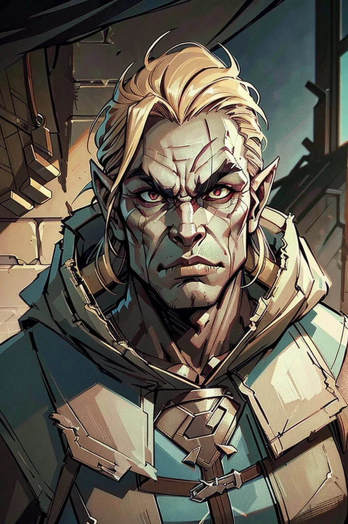 A close-up profile of an orc runner from the waist up, wearing a modern, cyberpunk-style outfit beneath a tattered, desert-colored cloak. The orc’s muscular build is evident, and their face, with normal eyes, features a strong jawline and prominent lower canines jutting from their lower jaw. The cloak, worn and frayed, contrasts with the sleek, high-tech fabric of their outfit. The background hints at a desolate, post-apocalyptic cityscape.