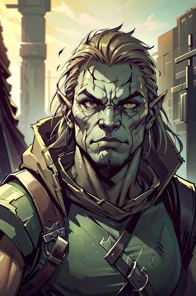 A close-up profile of an orc runner from the waist up, wearing a modern, cyberpunk-style outfit beneath a tattered, desert-colored cloak. The orc’s muscular build is evident, and their face, with normal eyes, features a strong jawline and prominent lower canines jutting from their lower jaw. The cloak, worn and frayed, contrasts with the sleek, high-tech fabric of their outfit. The background hints at a desolate, post-apocalyptic cityscape.