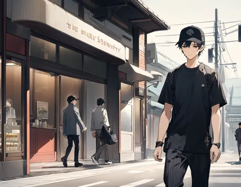 Japan young men,Wearing a black baseball cap,In front of the station,Walking on the sidewalk, Passersby, The finer details, Subt...