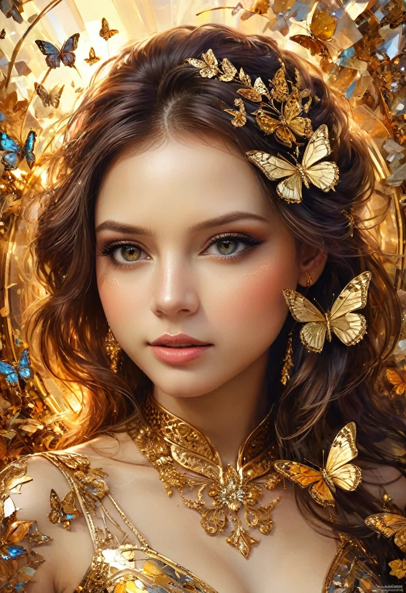 Portrait 8k d&#39;un beau cyborg aux cheveux bruns, complexe, élégant, très détaillé, majestueux, la photographie numérique, art par artgerm et ruan jia et greg rutkowski peinture surréaliste filigrane de papillon d’or, verre brisé, (chef-d&#39;œuvre, éclairage latéral, de beaux yeux finement détaillés: 1.2), HDR, (fenêtre d&#39;arrière-plan détaillée vers une nouvelle dimension, plantes et fleurs:0.7) infini, symbole infini,