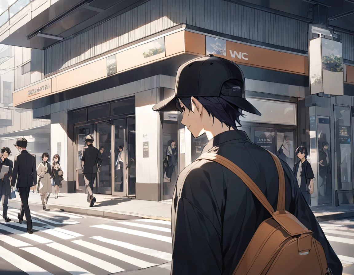 Japan young men,The young man is wearing a black baseball cap,In front of the station,Walking on the sidewalk, Passersby, The finer details, Subtle tone, There is a sense of serenity in the photo.  