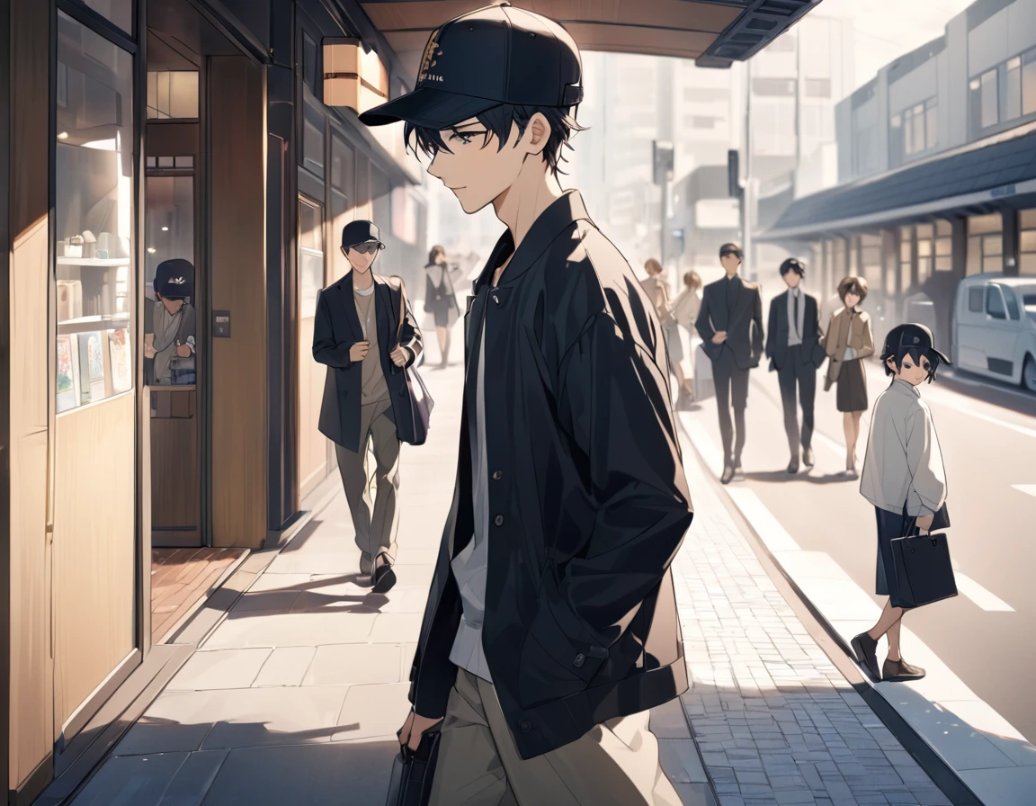 Japan young men,The young man is wearing a black baseball cap,In front of the station,Walking on the sidewalk, Passersby, The finer details, Subtle tone, There is a sense of serenity in the photo.  