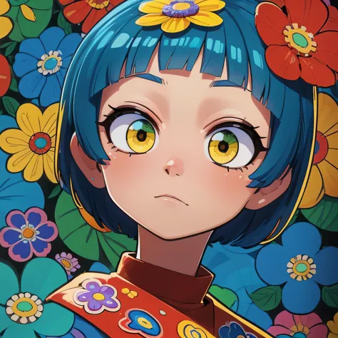 ((background is full of saturated colorful manga flowers, millefiori glass style: 1.22, red, yellow, blue)), south american girl...