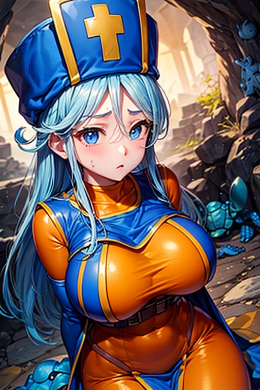 masterpiece, Highest quality,  Unreal Engine,  Super Resolution,  Very detailed, 

Beautiful woman, Dragon Quest Female Monk, long sky blue hair, Blue priest hat, Orange bodysuit, (((Blue Turtle:1.5))), Elbow-length gloves, Vivid expression, Healthy Body, Beautifully detailed sweat glands, Smooth skin texture, Carefully drawn, 

(humidity:1.5), (Hot Temperatures:1.5), Beautiful Eyes, (Attractive face:1.2), (Beautiful Skin), Tight waist, (Big Breasts), Round Breasts, (Sticky with sweat), Irresistibly sexy pose, 

In the world of Dragon Quest, (Inside the cave where you can see magma), 