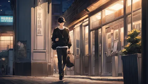A young man wearing a black baseball cap,In front of the station,Walking on the sidewalk, evening, The finer details, Subtle ton...