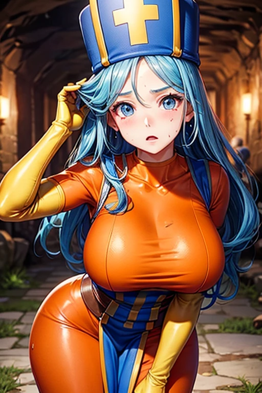 masterpiece, Highest quality,  Unreal Engine,  Super Resolution,  Very detailed, 

Beautiful woman, Dragon Quest Female Monk, long sky blue hair, Blue priest hat, Orange bodysuit, mitre, tabard, elbow gloves, Vivid expression, Healthy Body, Beautifully detailed sweat glands, Smooth skin texture, Carefully drawn, 

(humidity:1.5), (Hot Temperatures:1.5), Beautiful Eyes, (Attractive face:1.2), (Beautiful Skin), Tight waist, (Big Breasts), Round Breasts, (Sticky with sweat), Irresistibly sexy pose, 

In the world of Dragon Quest, (Inside the cave where you can see magma), 