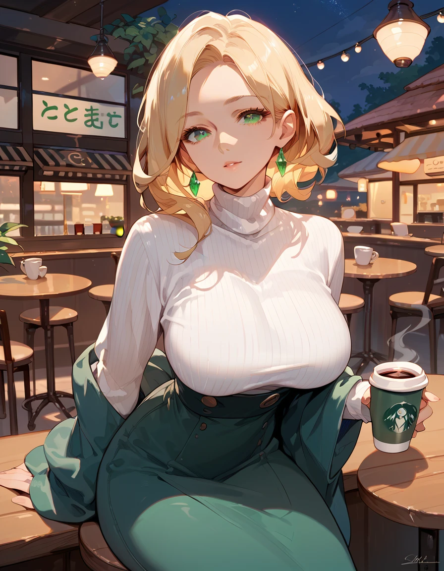 (score_9,score_8_up,score_7_up),1woman,solo,source_anime,mature,big sister,middle age,blonde hair,green eyes,wide hips, large breasts,looking at viewer, sitting on a stool, cafe table, holding coffee cup, white turtleneck, night time, hazy lighting