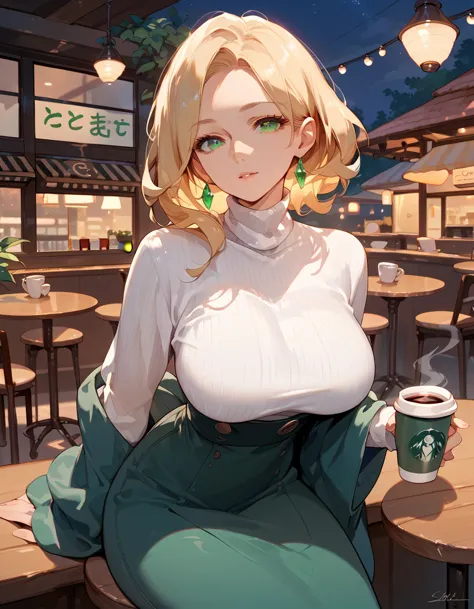 (score_9,score_8_up,score_7_up),1woman,solo,source_anime,mature,big sister,middle age,blonde hair,green eyes,wide hips, large br...