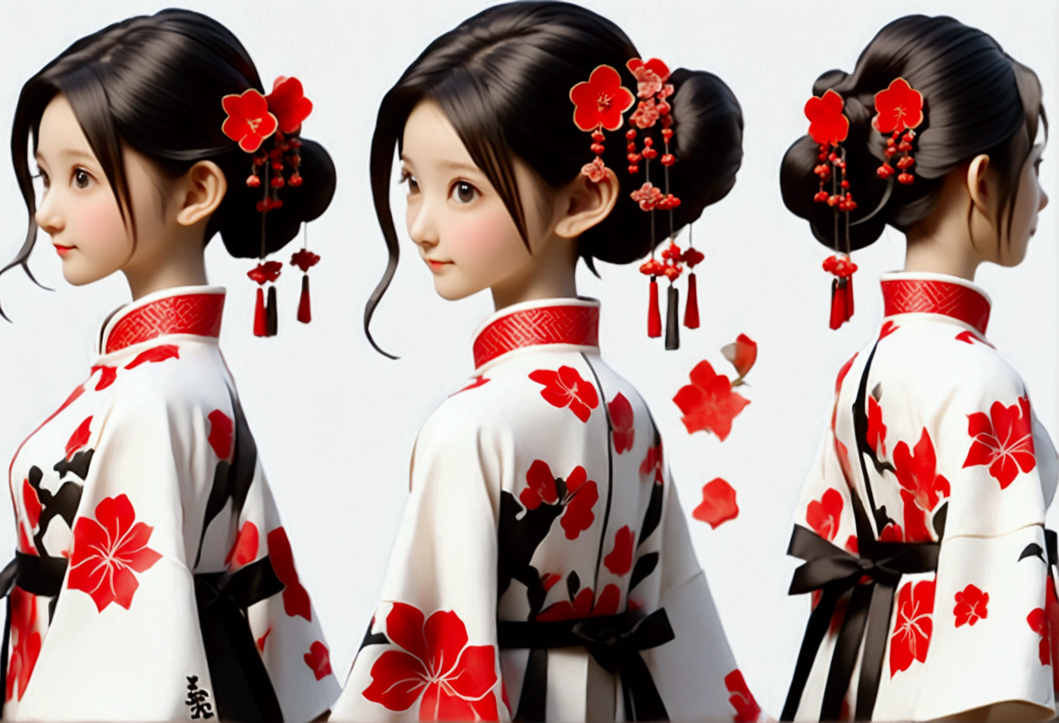 (((Showing the front view of the same 3D character IP figurine design、Side View、Rear view:1.5)))，Young fashionable girl，Wearing a fashionable ink-dyed cheongsam，Ink black and white mixed color Atles silk cheongsam，Uyghur totem cheongsam，Red bougainvillea pattern，Cheongsam style combining ethnicity and fashion，Chinese retro pattern，Cute floral pattern，airplane sleeves，Wide sleeves，Balloon sleeves，Pipa sleeves，Create 3D national trend characters，Delicate bougainvillea pattern，Multi-ethnic cultural integration，Three-dimensional Chinese style，Chinese style 3D character IP figure design，Perfectly proportioned oval face，Film-level ultra-high quality texture，Global Illumination，（Full body styling），((The same 3D character IP figure design with the same clothing and accessories from multiple perspectives，Front view of the same 3D character IP figurine design，同一个3D人物IP手办设计的Side View，同一个3D人物IP手办设计的Rear view))，
