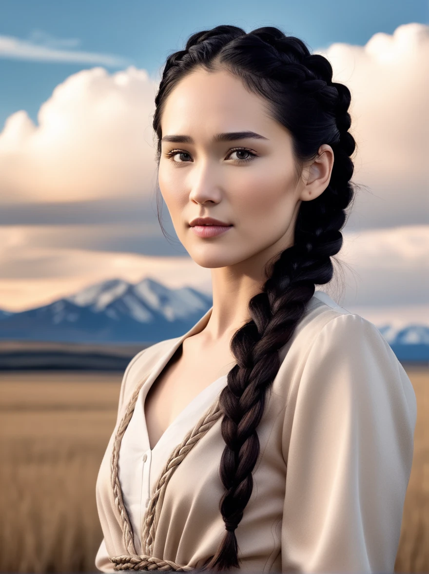 Christina Chong beautiful face, narrowed eyes. smirk. black braided hair elegant, golden hour, blue sky, clouds scenery, in a Quiet Cryogenic Plains