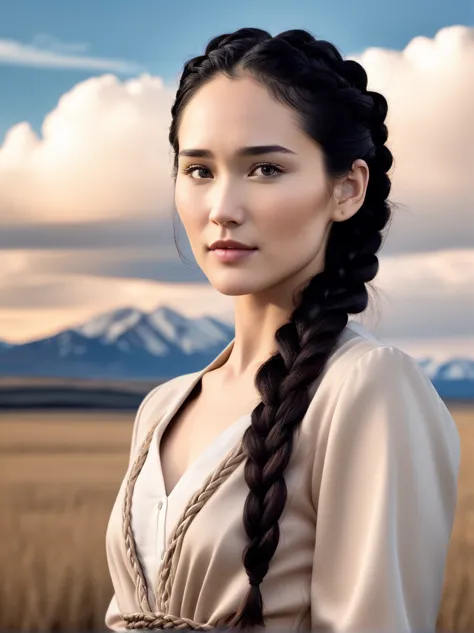 christina chong beautiful face, narrowed eyes. smirk. black braided hair elegant, golden hour, blue sky, clouds scenery, in a qu...