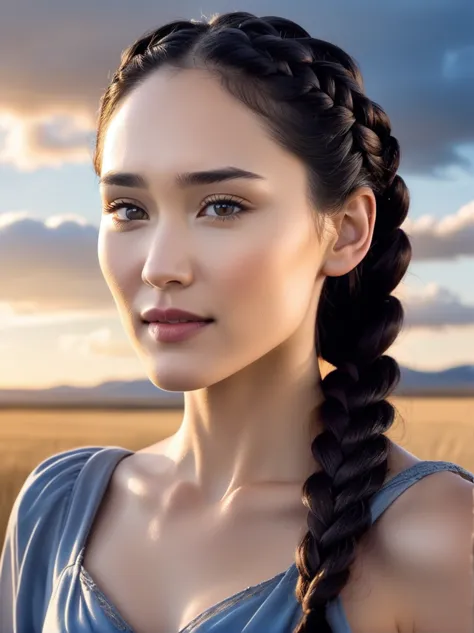 christina chong beautiful face, narrowed eyes. smirk. black braided hair elegant, golden hour, blue sky, clouds scenery, in a qu...