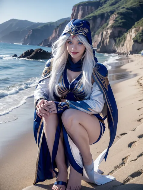 ashe,white hair, blue eyes,hood,full body,pper body,seductive smile,beach