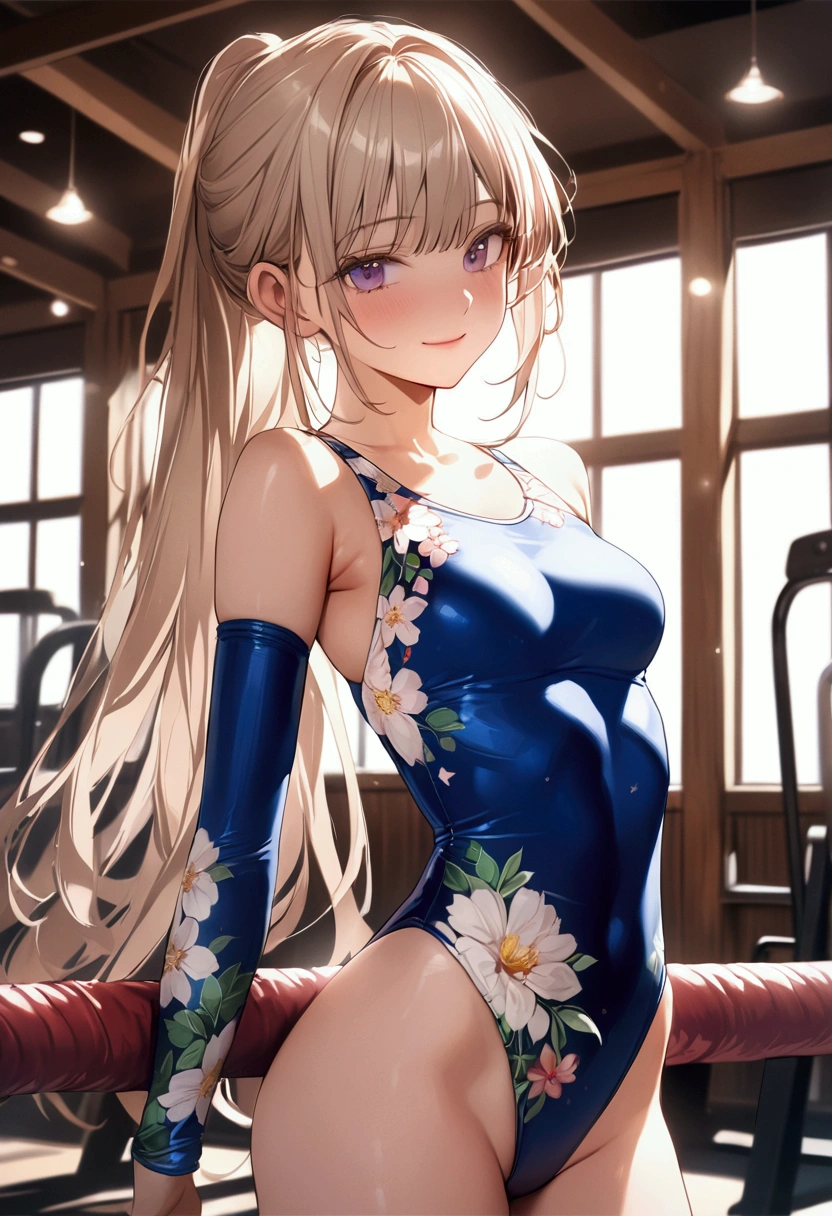 highquality illustration, masterpiece, very delicate and beautiful, attractive girl,(gymnastics leotard, Floral patterns leotard,long_sleeve leotard,high_leg leotard,athletic leotard,tight-fit leotard),thin,slender body,slim,high school,gymnasium background,gymnastics club,gymnastics athlete,princess, beautiful eyes,light smile,(masterpiece, best quality:1.2), highres, extremely detailed CG unity 8k wallpaper, perfect lighting, Colourful, ultra-high res,4K,ultra-detailed, photography, 8K, HDR, 17 ages, 