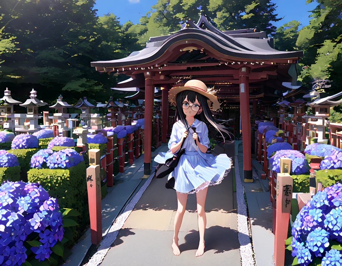 White and light blue striped shirt、Light blue long flared skirt、The wind blows and my skirt flips up、Showing off cute white lace underwear、barefoot、Long Black Hair、Glasses、Straw hat、Alone in the hydrangea field at the Red Shrine in Japan